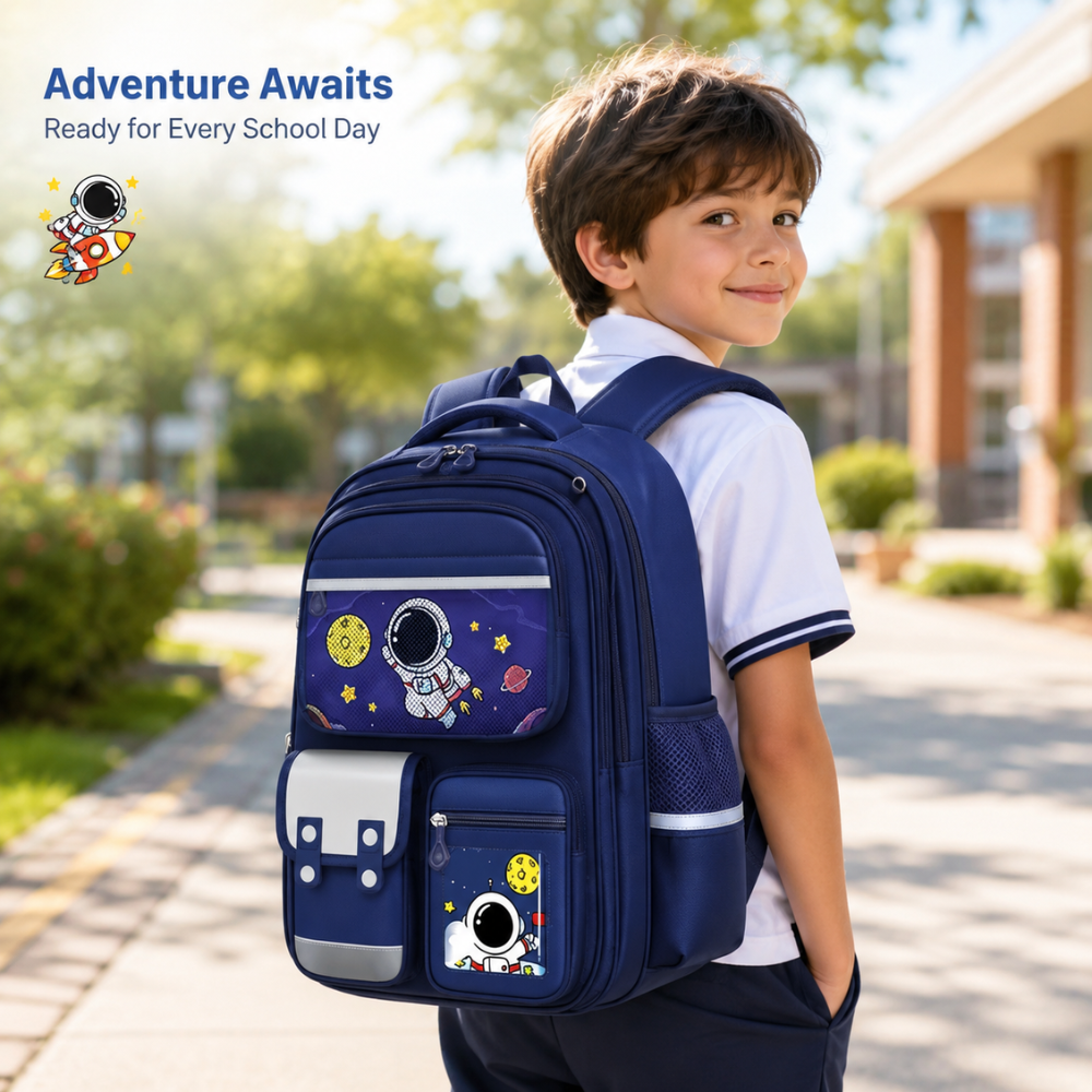 Schulrucksack 3-teilig mit Astronauten-Motiv – Großer Rucksack mit Lunchbag & Federmäppchen für Schule, Reisen & Alltag