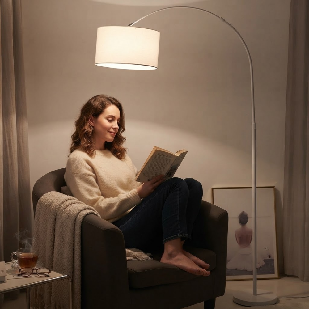 Bogenlampe mit Textilschirm 155 bis 185 cm – Verstellbare Stehleuchte für Sofa und Leseecke