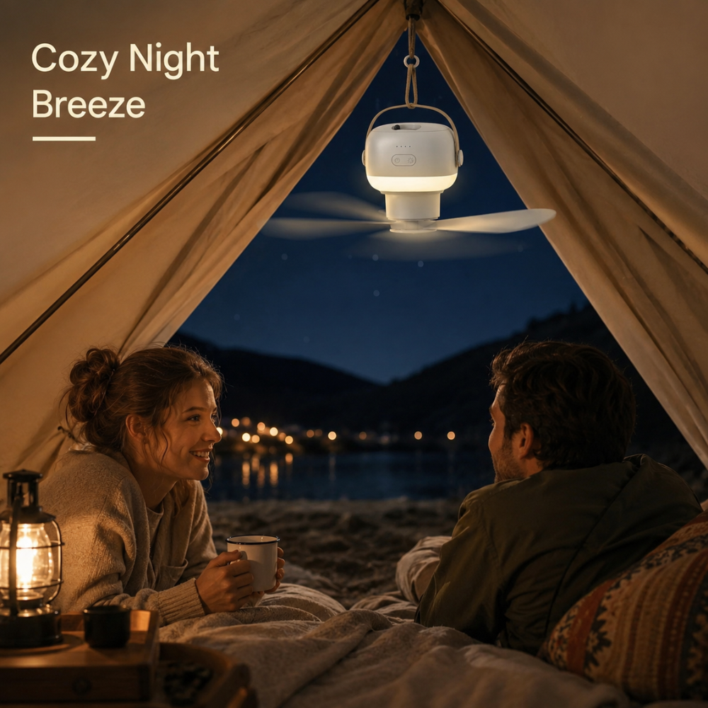 Tragbarer Camping Ventilator mit LED Licht Fernbedienung USB Akku Zelt Deckenventilator Weiß