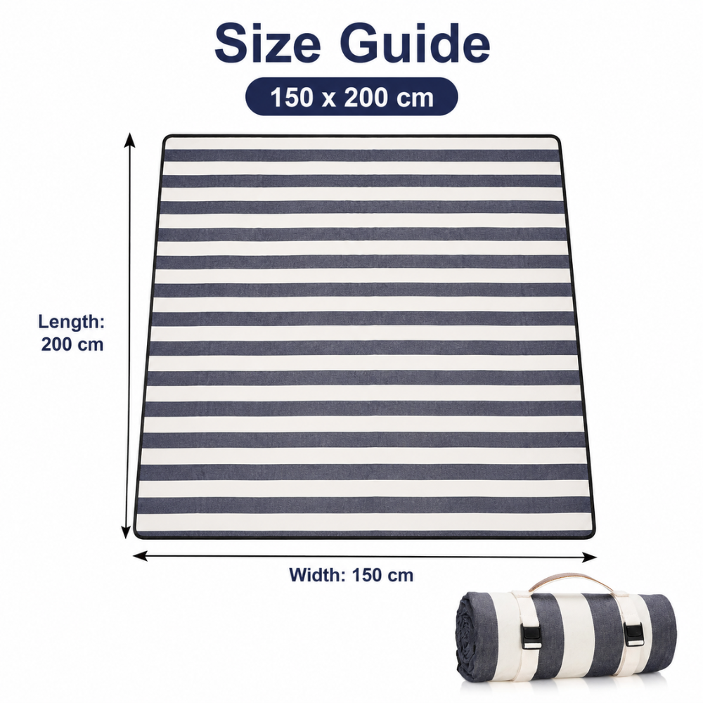 Gestreifte Outdoor Picknickdecke 150 x 200 cm aus Polyester | Faltbare Stranddecke mit Tragegurt