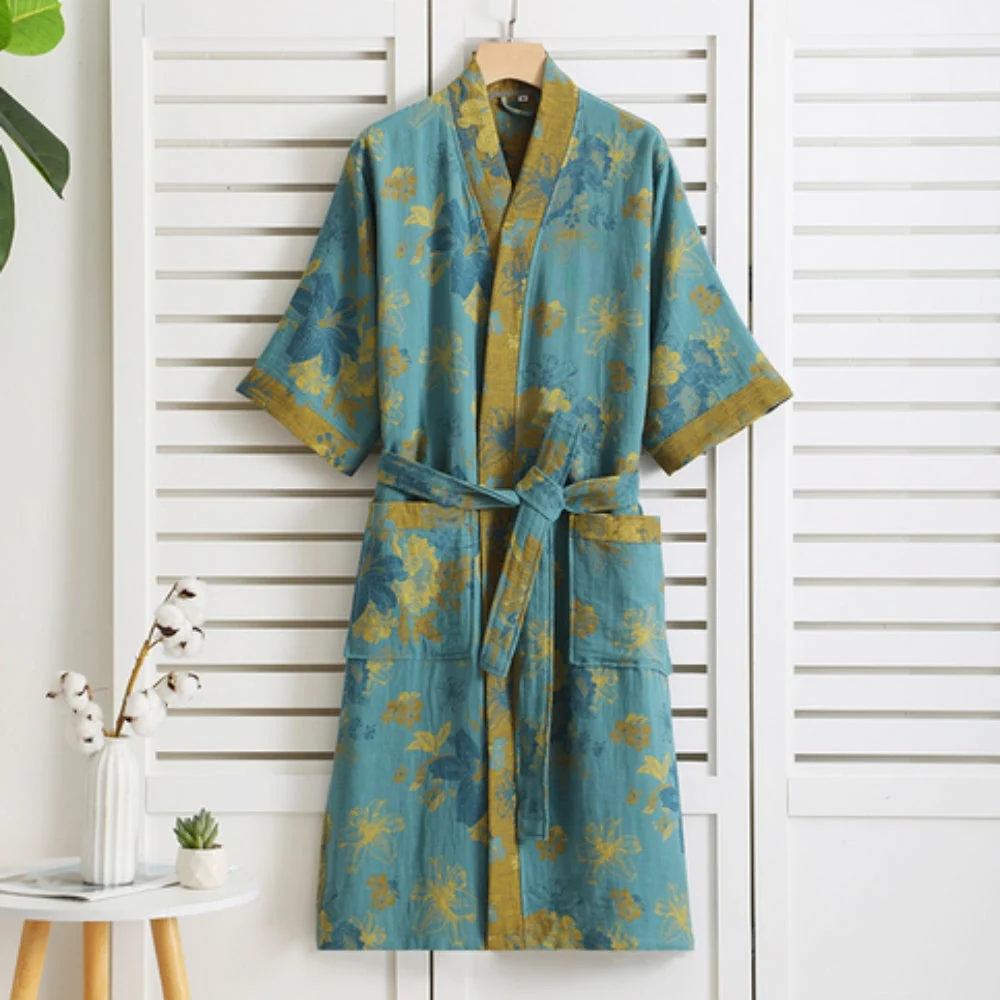 Riona Kimono Morgenmantel Damen - Leichter Baumwoll Bademantel Bedruckt mit Blumenmuster