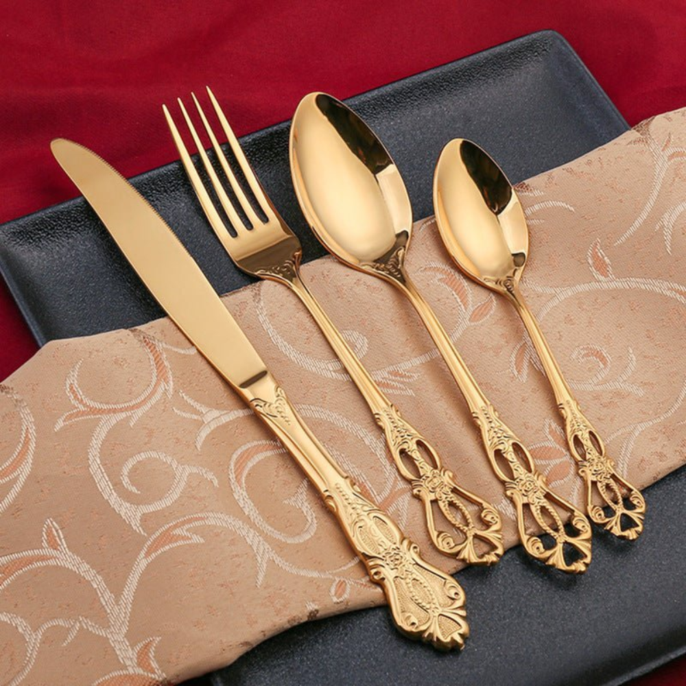 Elegantes Edelstahl Besteckset in Goldoptik - 24-teiliges Menübesteck mit prunkvollem Griff