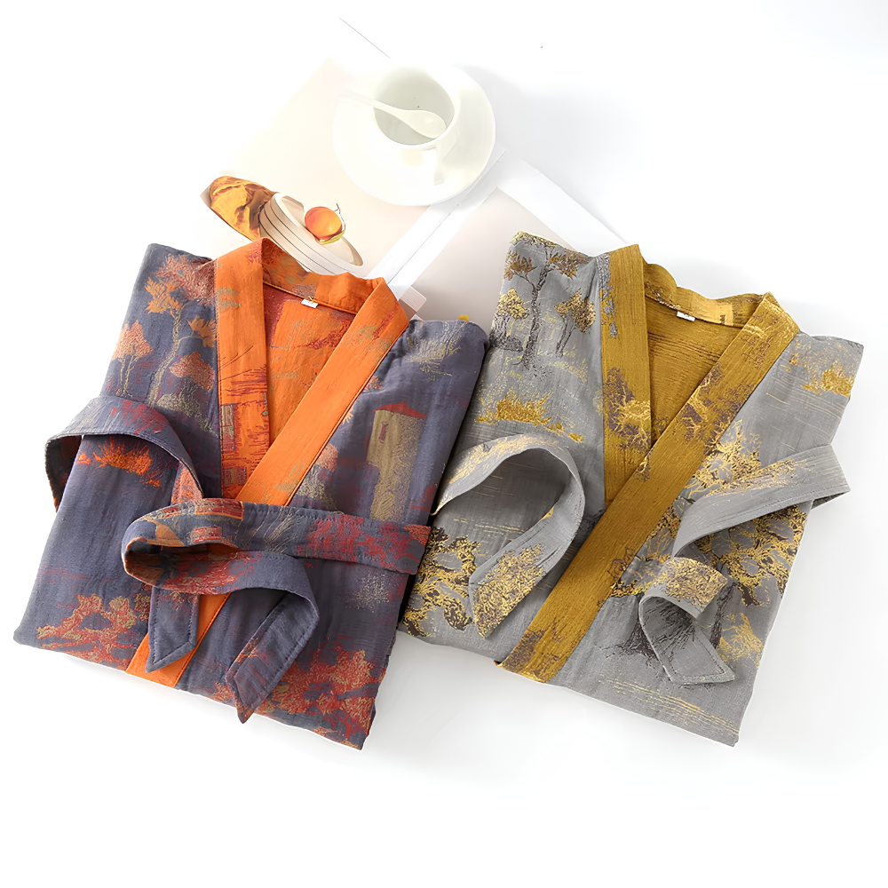 Atmungsaktiver Kimono - Dünner Baumwoll Bademantel mit Gürtel & V-Ausschnitt