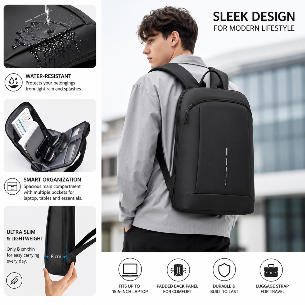 Schlanker Business-Laptoprucksack 42 × 29 × 8 cm – Wasserabweisender PVC-Rucksack mit mehreren Fächern