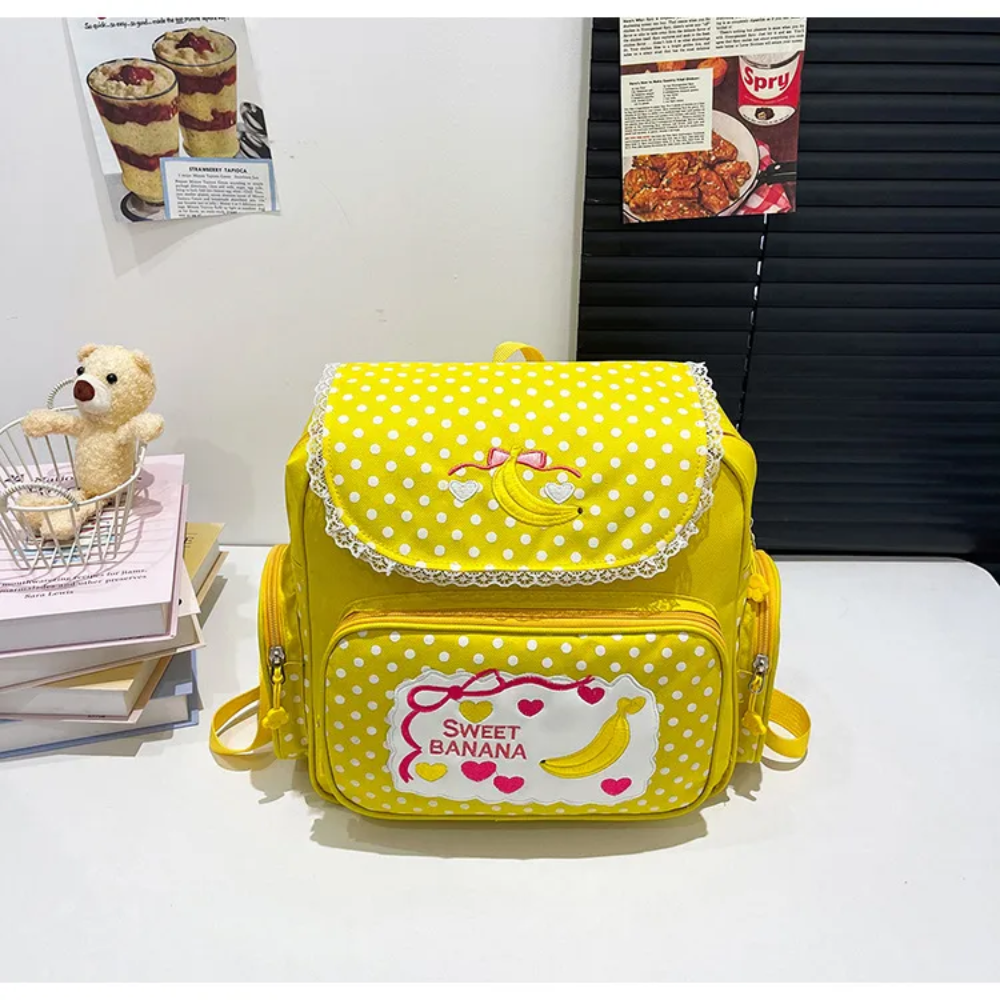 Kawaii Frucht-Tasche mit Stickerei – Kinderrucksack oder Kosmetiktasche mit Punkten für Schule, Reisen & Alltag