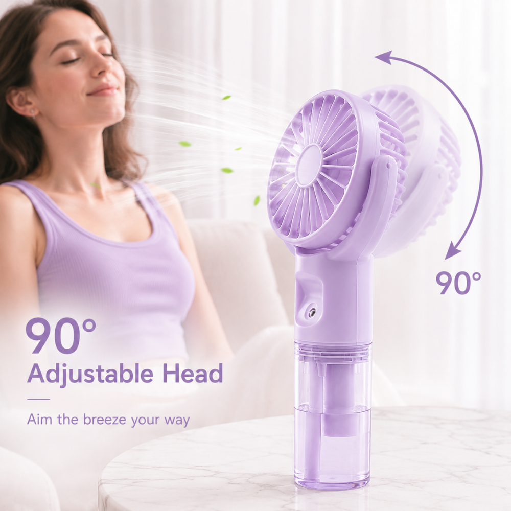 Tragbarer Handventilator mit Wasserspray und drehbarem Kopf – USB-aufladbarer Mini-Nebelventilator mit 4 Geschwindigkeitsstufen für Sommer, Reisen & Outdoor