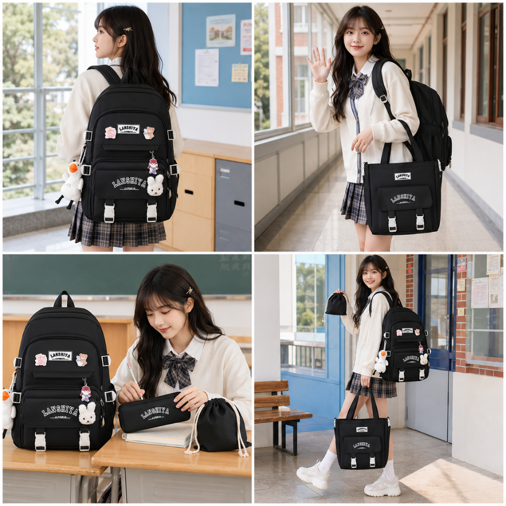 Teenager-Schulrucksack-Set 5-teilig 40 × 30 × 13 cm – Großer Studentenrucksack mit Tragetasche, Mäppchen & Beuteln für Schule, Freizeit & Alltag