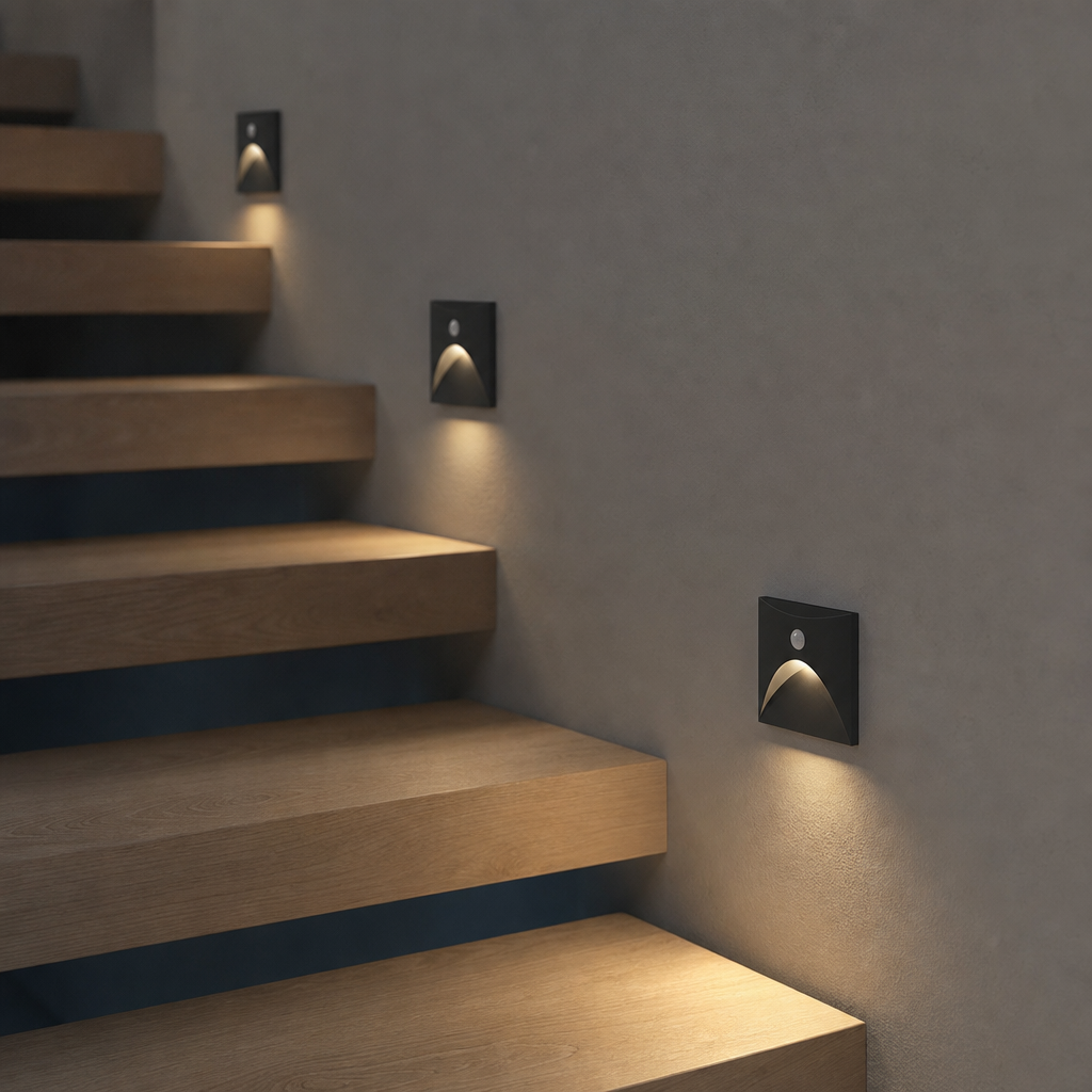 LuminiPath LED Wandleuchte Schwarz Quadrat an moderner Treppe mit warmweissem Licht