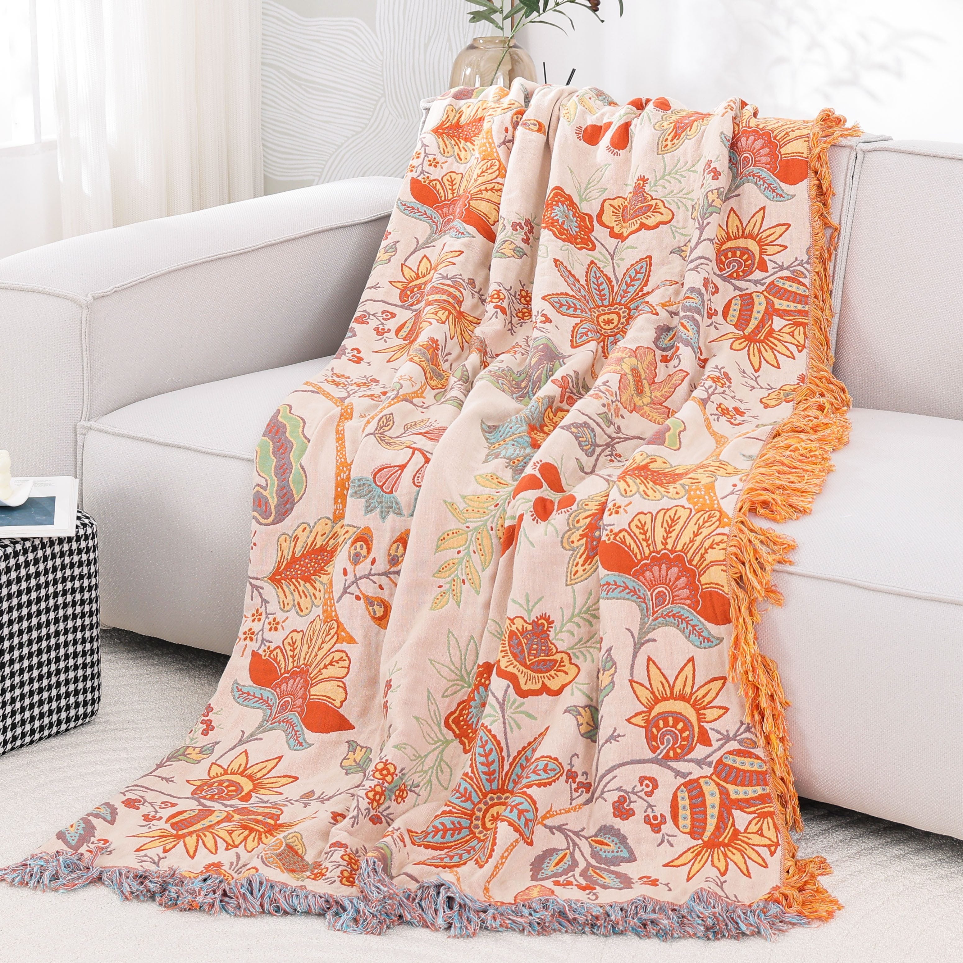 Boho Jacquard Baumwolldecke mit Fransen – Sofadecke, Tagesdecke & Bettüberwurf mit floralem Muster