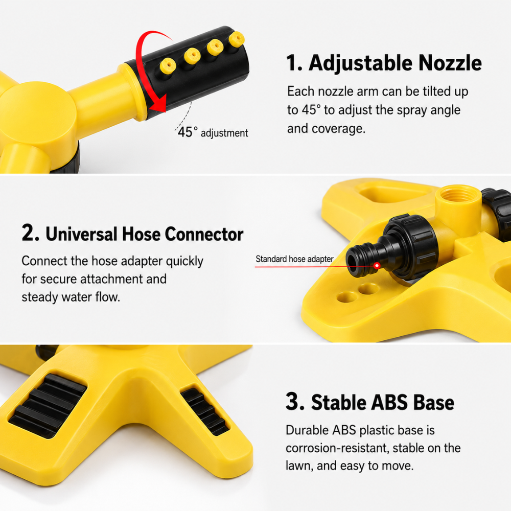 360° Rasensprenger mit 3 verstellbaren Armen – Automatischer Gartensprinkler für Rasen, Beete & Bewässerung