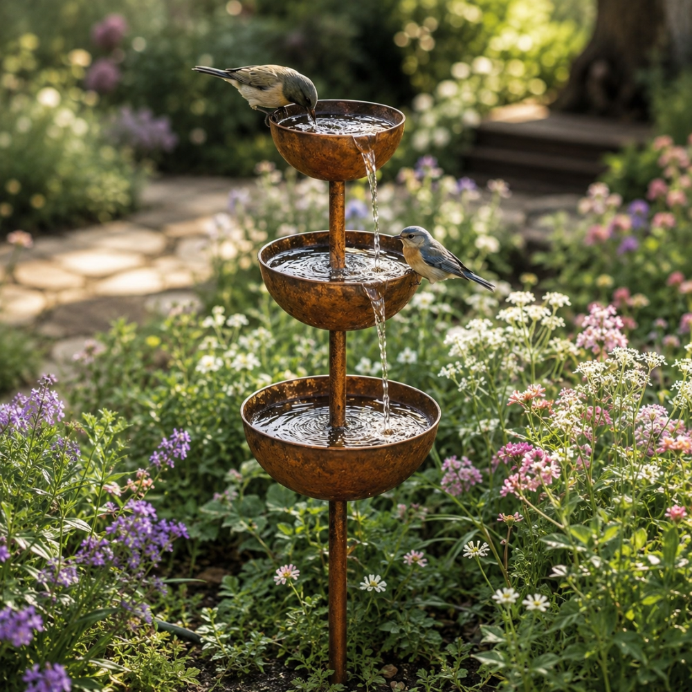 Vogeltränke Garten | 3-stufiges Vogelbad aus Eisen mit dekorativen Wasserschalen für Terrasse, Balkon und Außenbereich