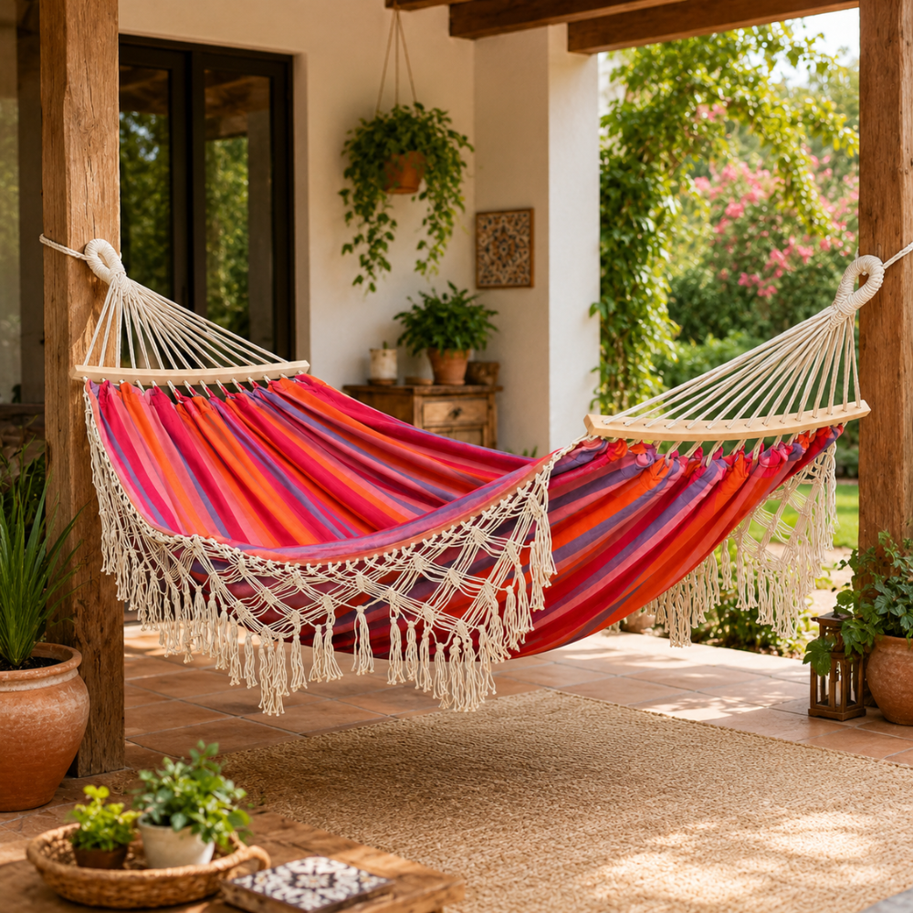 Bohemian Baumwoll Hängematte - Bunte Streifen mit Pompons für Garten und Innenräume