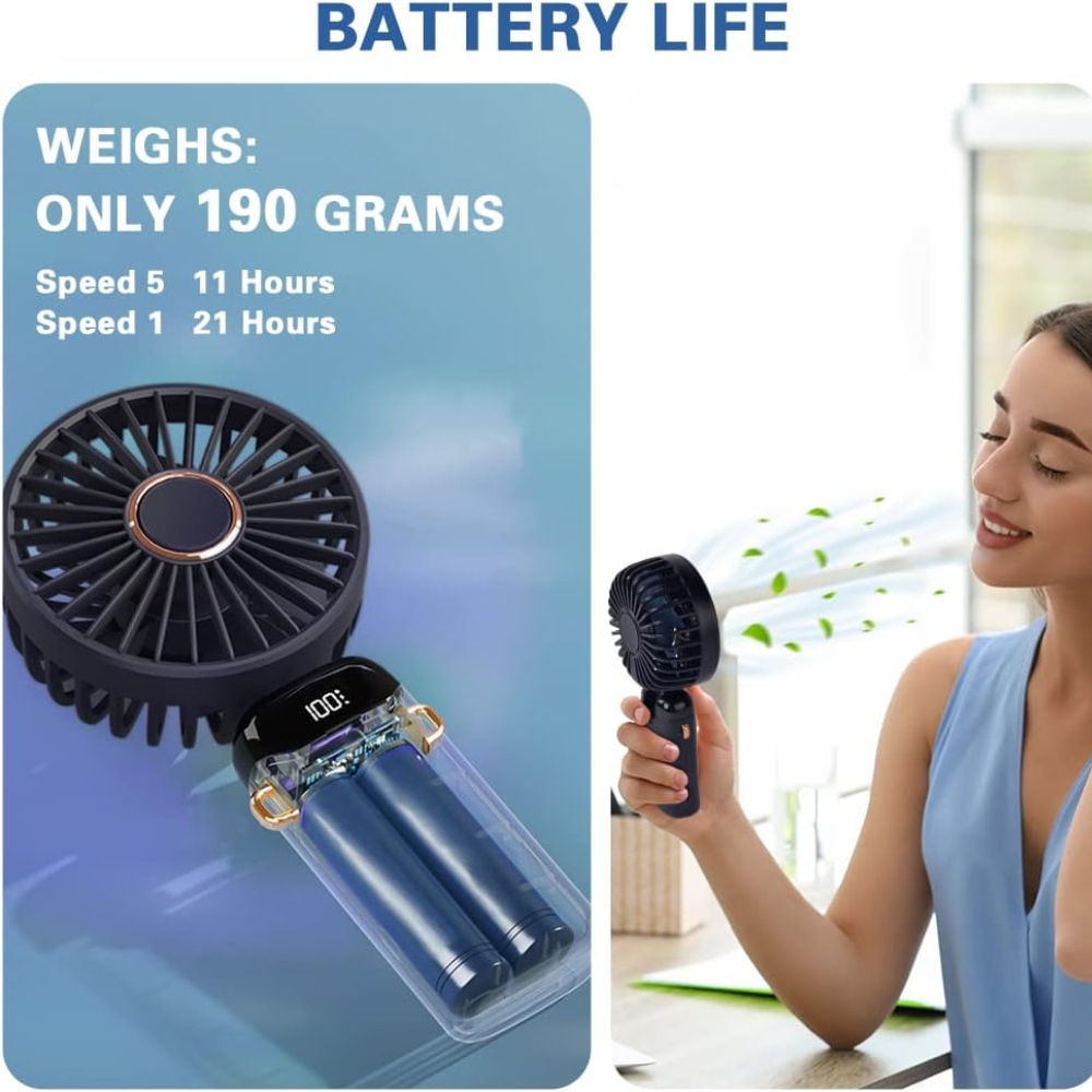 Kompakter USB-Handventilator – tragbarer Mini-Ventilator mit LED-Anzeige, 5 Geschwindigkeitsstufen und klappbarem Design