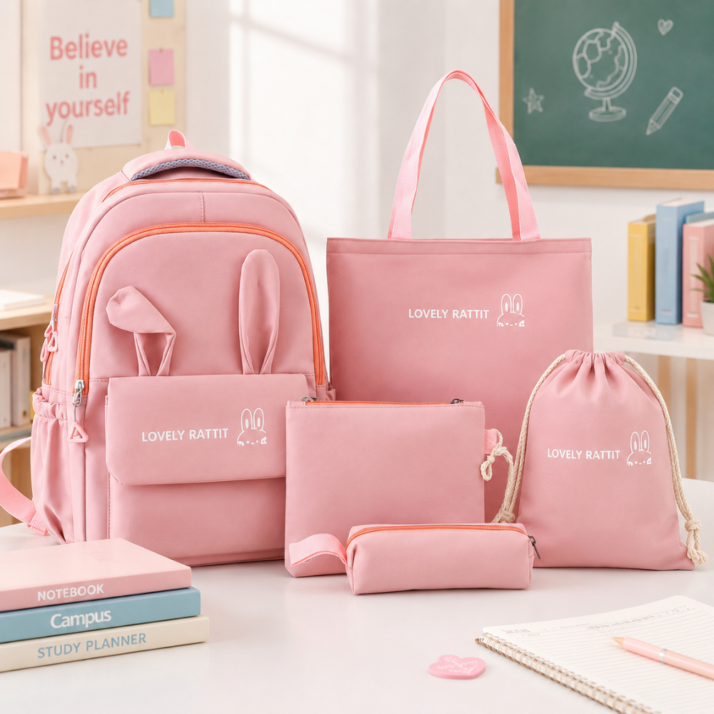 Schulrucksack-Set 4-teilig mit Hasenohren – Großer Nylon-Rucksack mit Tragetasche, Beutel & Mäppchen für Schule & Freizeit