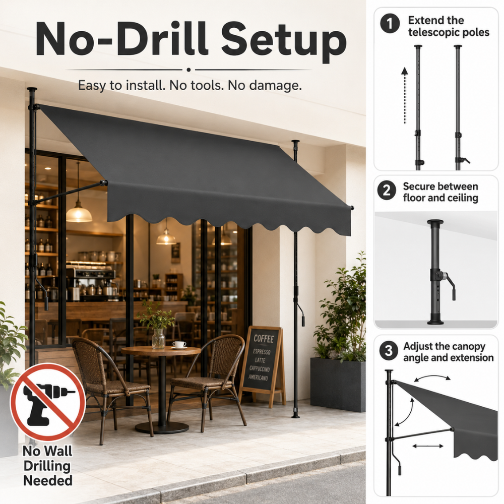 Klemmmarkise ohne Bohren | Manuell ausziehbare Balkonmarkise mit Kurbel, höhenverstellbaren Standrohren & Sonnenschutz für Terrasse, Garten und Balkon