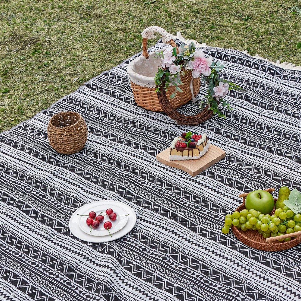 Boho Picknickdecke Outdoor Gewebte Stranddecke Schwarz Weiß mit Streifenmuster für Camping Garten Reise