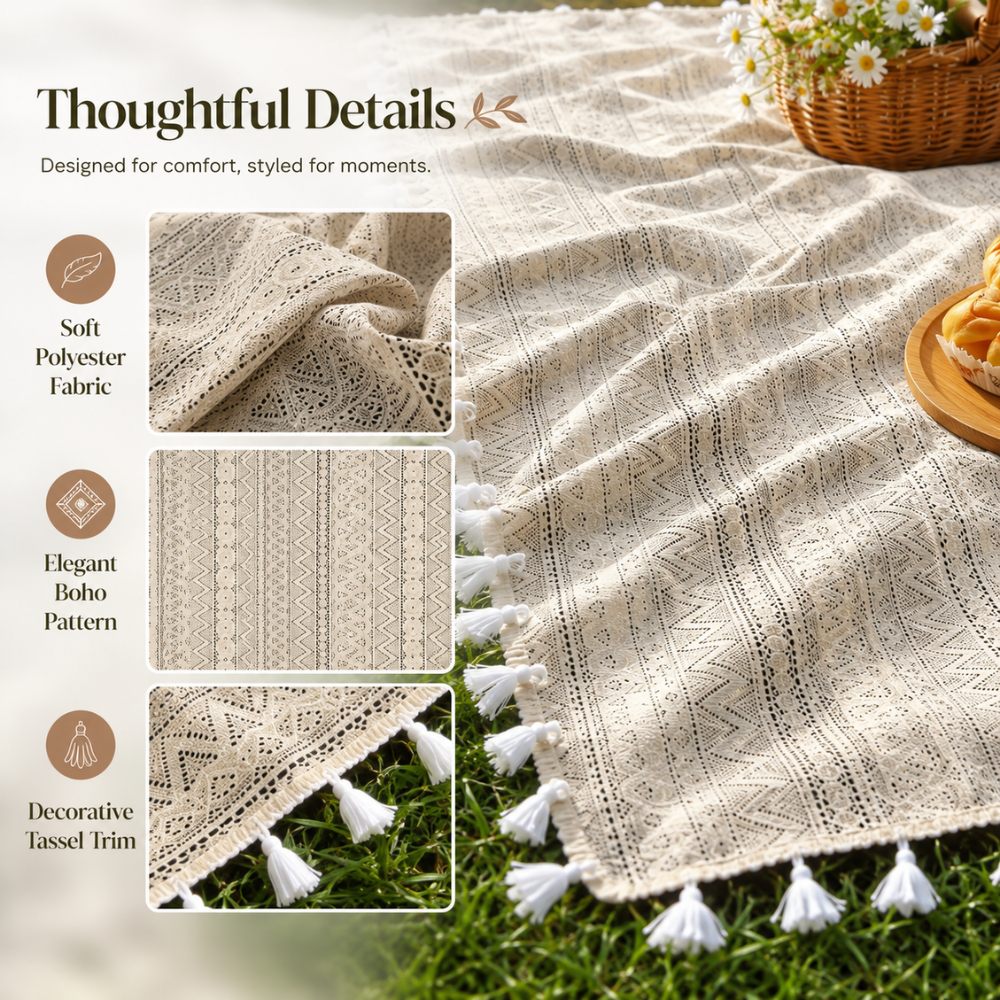 Boho Picknickdecke Beige mit Fransen – waschbare Decke bis XXL für Picknick, Strand, Garten & Esstisch