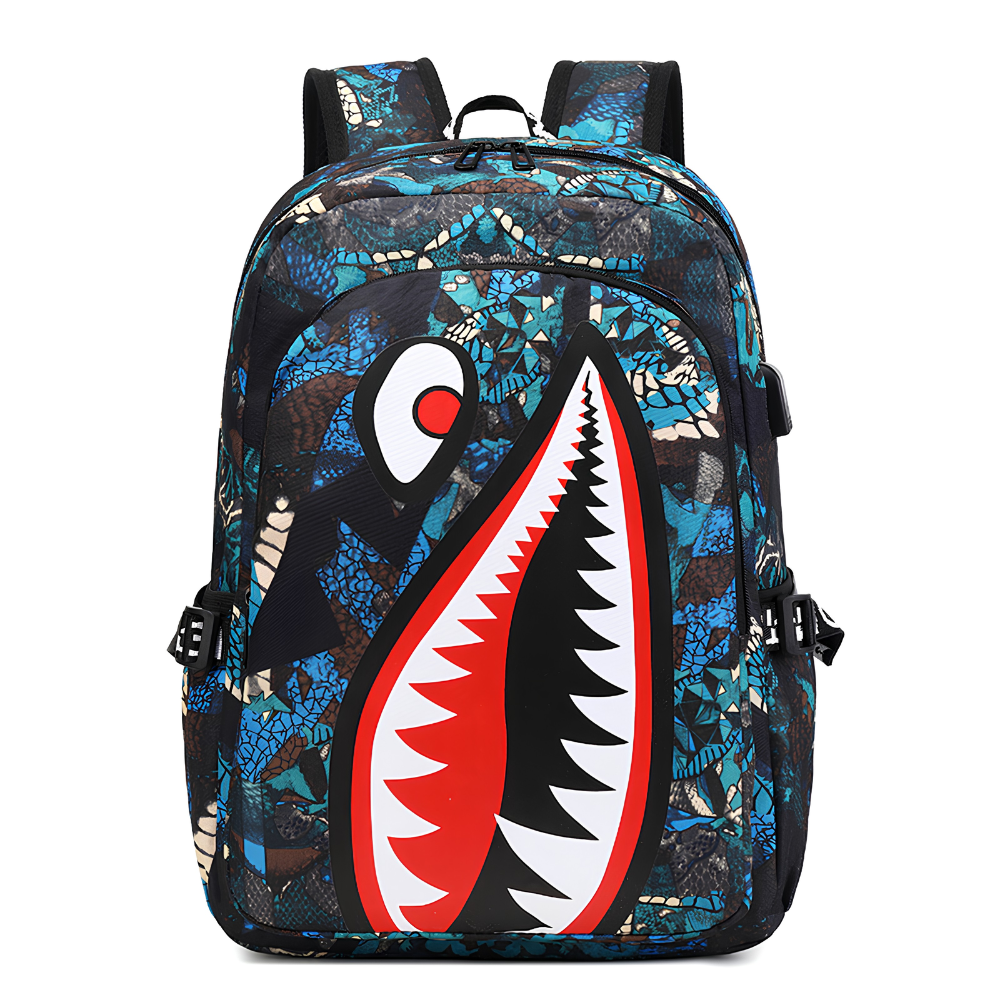 Kinder-Schulrucksack mit Hai-Motiv & USB-Anschluss – Wasserabweisender Rucksack mit großem Stauraum für Schule, Freizeit & Reisen