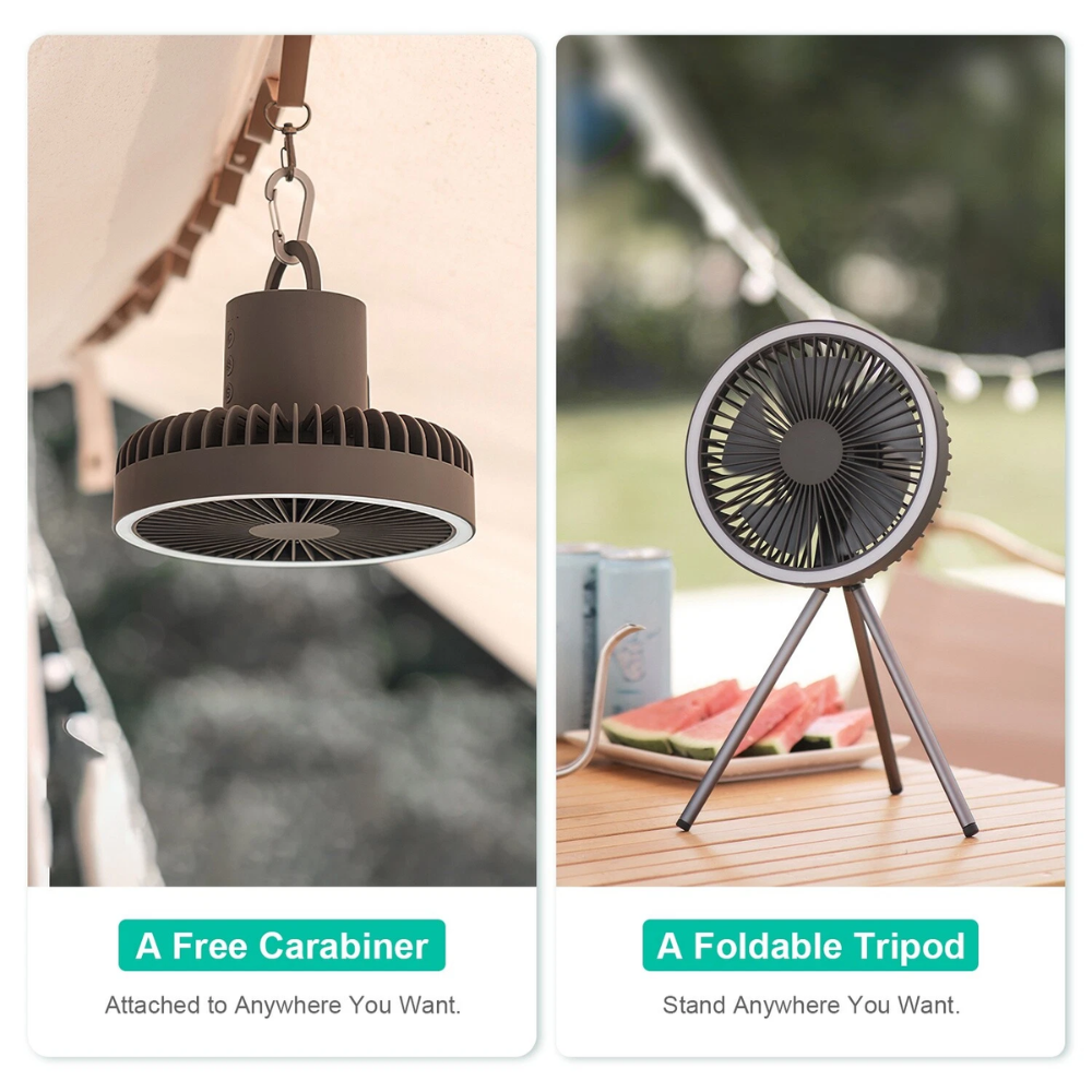 Camping Ventilator mit LED Licht USB Akku Powerbank Hängend oder mit Stativ für Zelt Outdoor