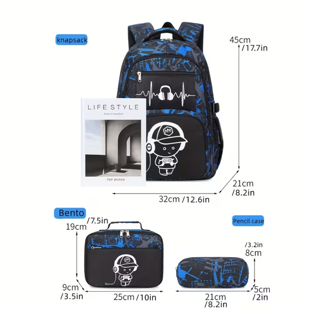 Kinder-Schulrucksack-Set mit Gamer-Motiv 32 × 21 × 45 cm – 3-teiliges Rucksack-Set aus Polyester mit Lunchbag & Federmäppchen