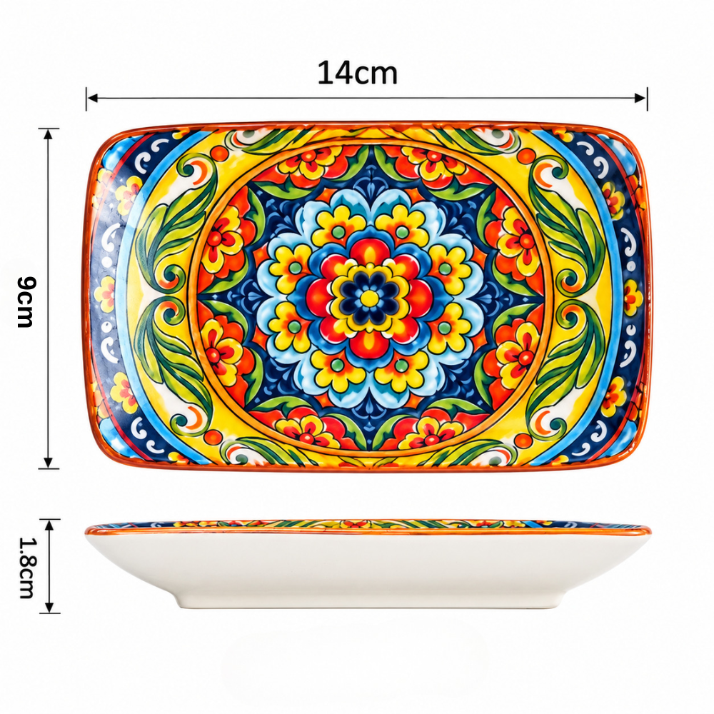 Servierplatten 4er-Set aus Keramik – Rechteckige Platten mit buntem Mandala-Muster für den Tisch