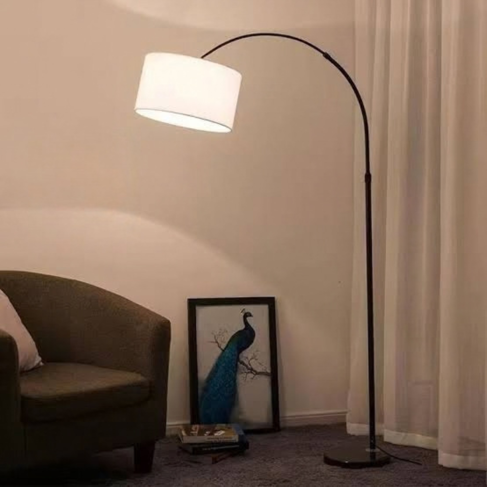 Bogenlampe mit Textilschirm 155 bis 185 cm – Verstellbare Stehleuchte für Sofa und Leseecke