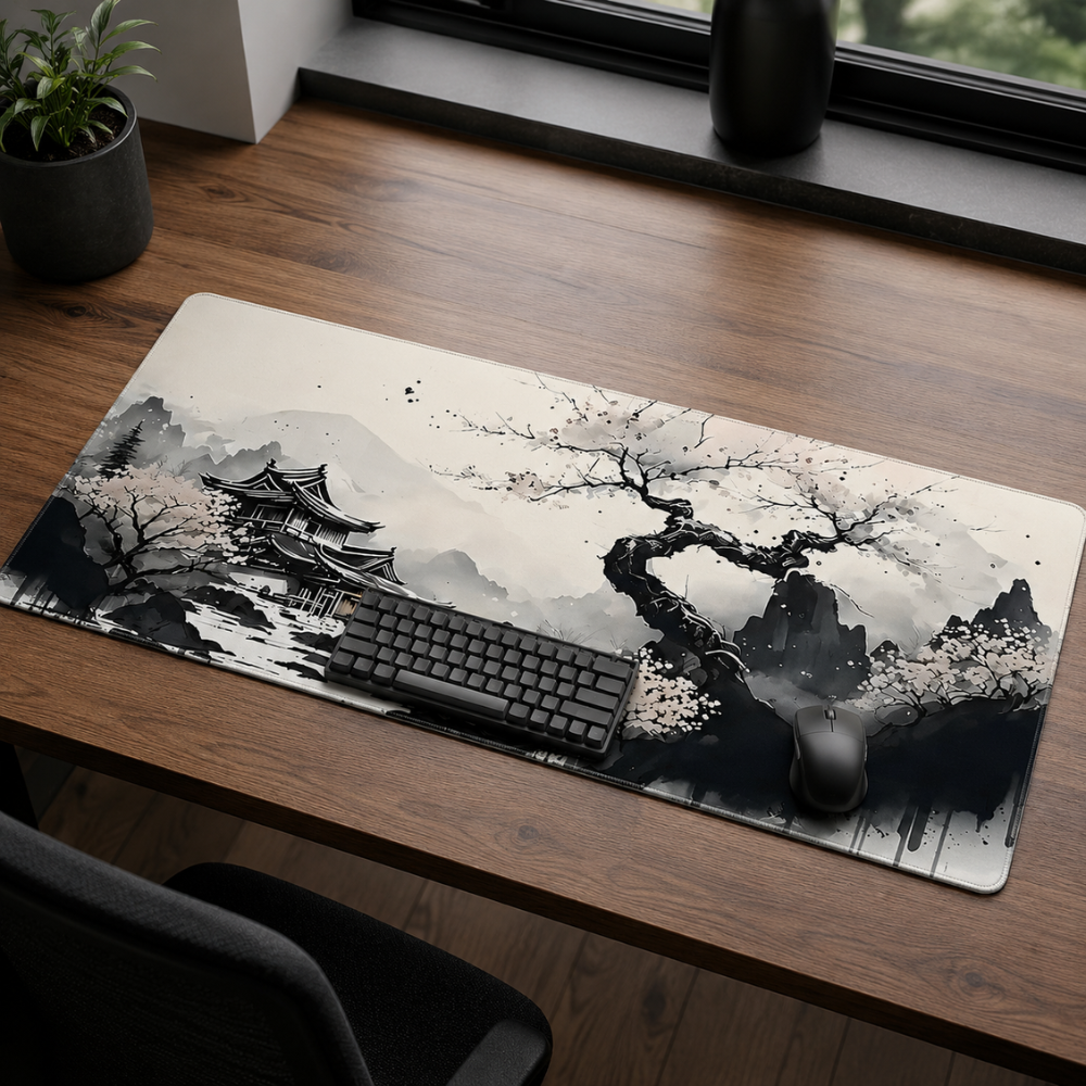 Schreibtischunterlage & XXL Gaming-Mauspad 100 × 50 cm – Sakura-Landschaft bei Nacht, rutschfeste Stoffmatte für Büro, Homeoffice, Schule & Gaming