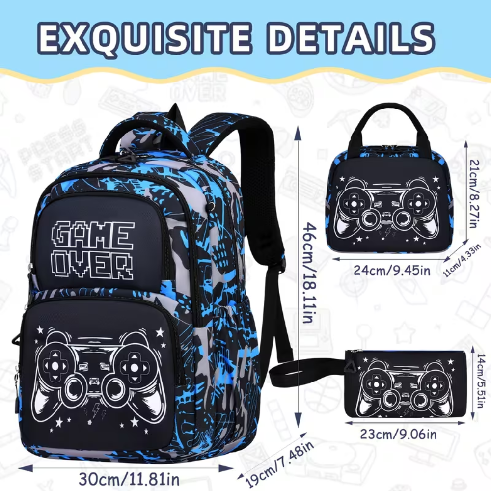 Schulrucksack-Set mit Gaming-Controller-Motiv 46 × 30 × 19 cm – 3-teiliges Polyester-Rucksackset mit Tasche & Federmäppchen