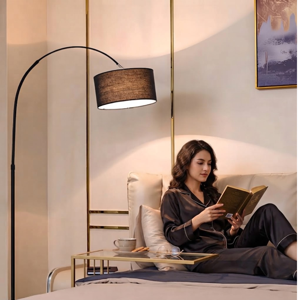 Bogenlampe mit Textilschirm 155 bis 185 cm – Verstellbare Stehleuchte für Sofa und Leseecke