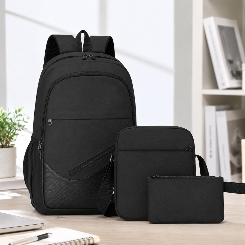 3-teiliges Schulrucksack-Set mit USB-Anschluss – Wasserabweisender Rucksack mit Umhängetasche & Etui für Schule, Uni & Reisen