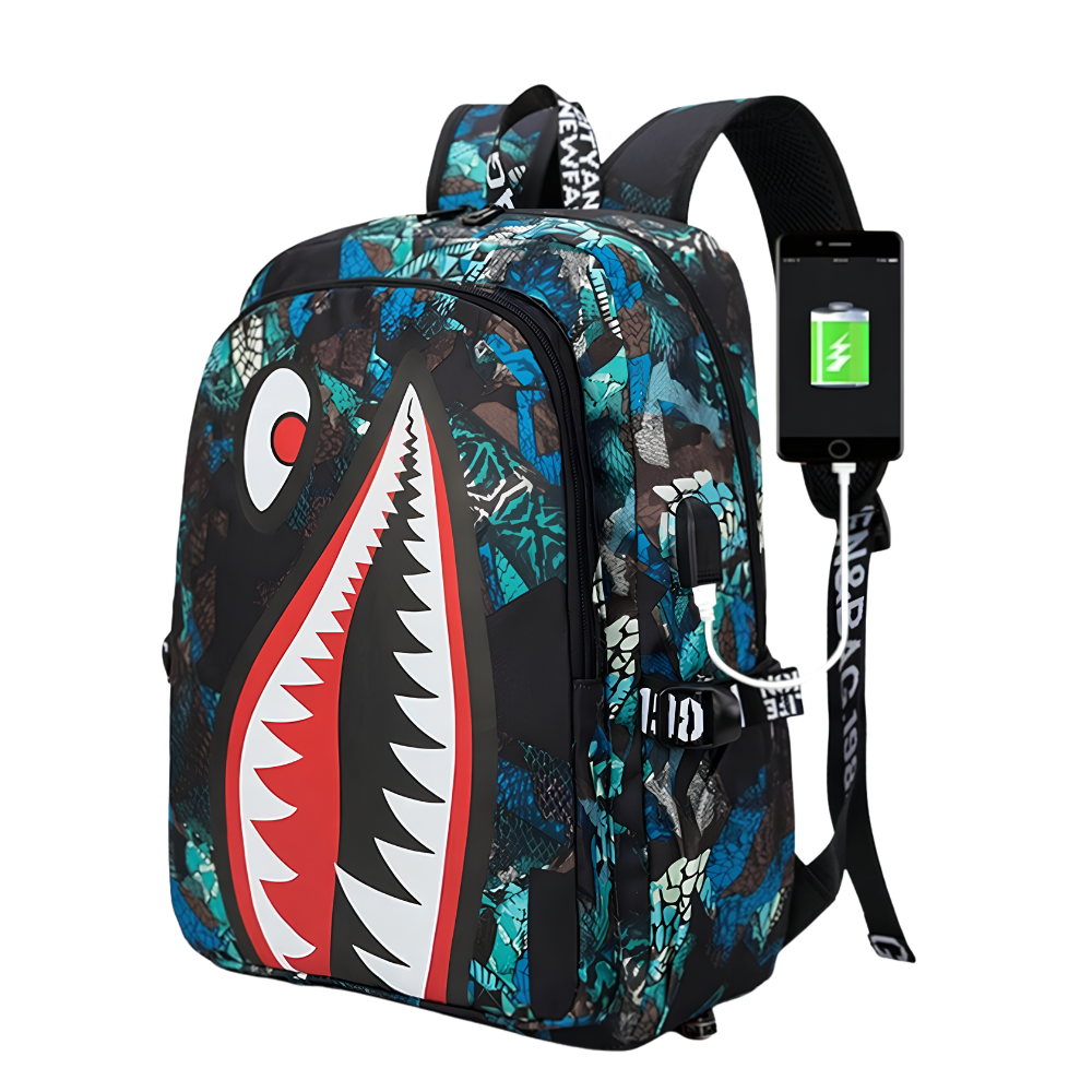 Kinder-Schulrucksack mit Hai-Motiv & USB-Anschluss – Wasserabweisender Rucksack mit großem Stauraum für Schule, Freizeit & Reisen