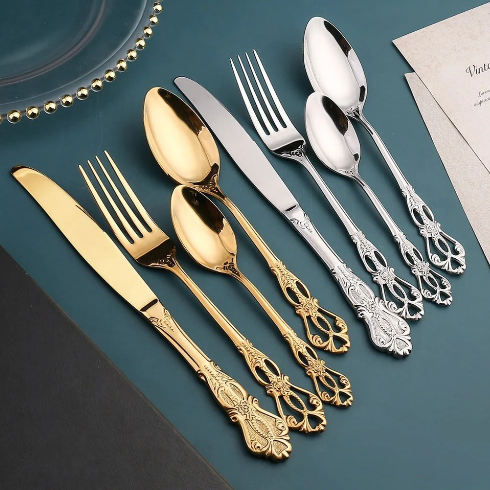 Elegantes Edelstahl Besteckset in Goldoptik - 24-teiliges Menübesteck mit prunkvollem Griff