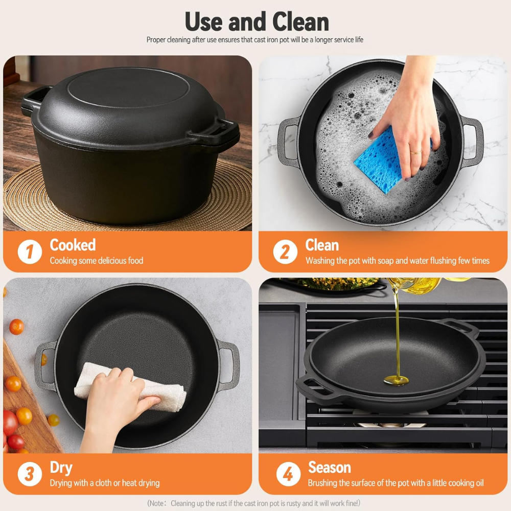 Gusseisen Dutch Oven 26/28 cm – 2-in-1 Schmortopf mit Pfannendeckel für Brot, Braten, Backen & Camping