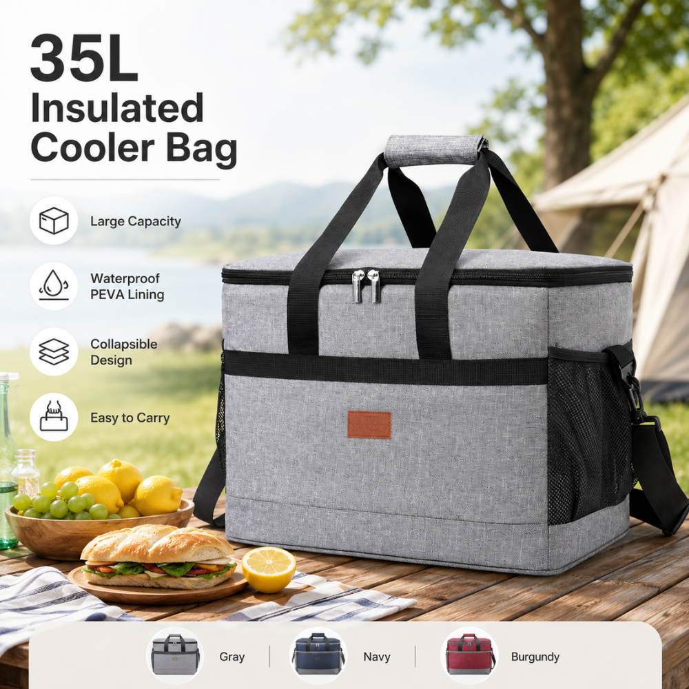 Große Isoliertasche 35L | Kühltasche aus Oxford-Gewebe mit Schultergurt, Fronttasche & Seitennetzen