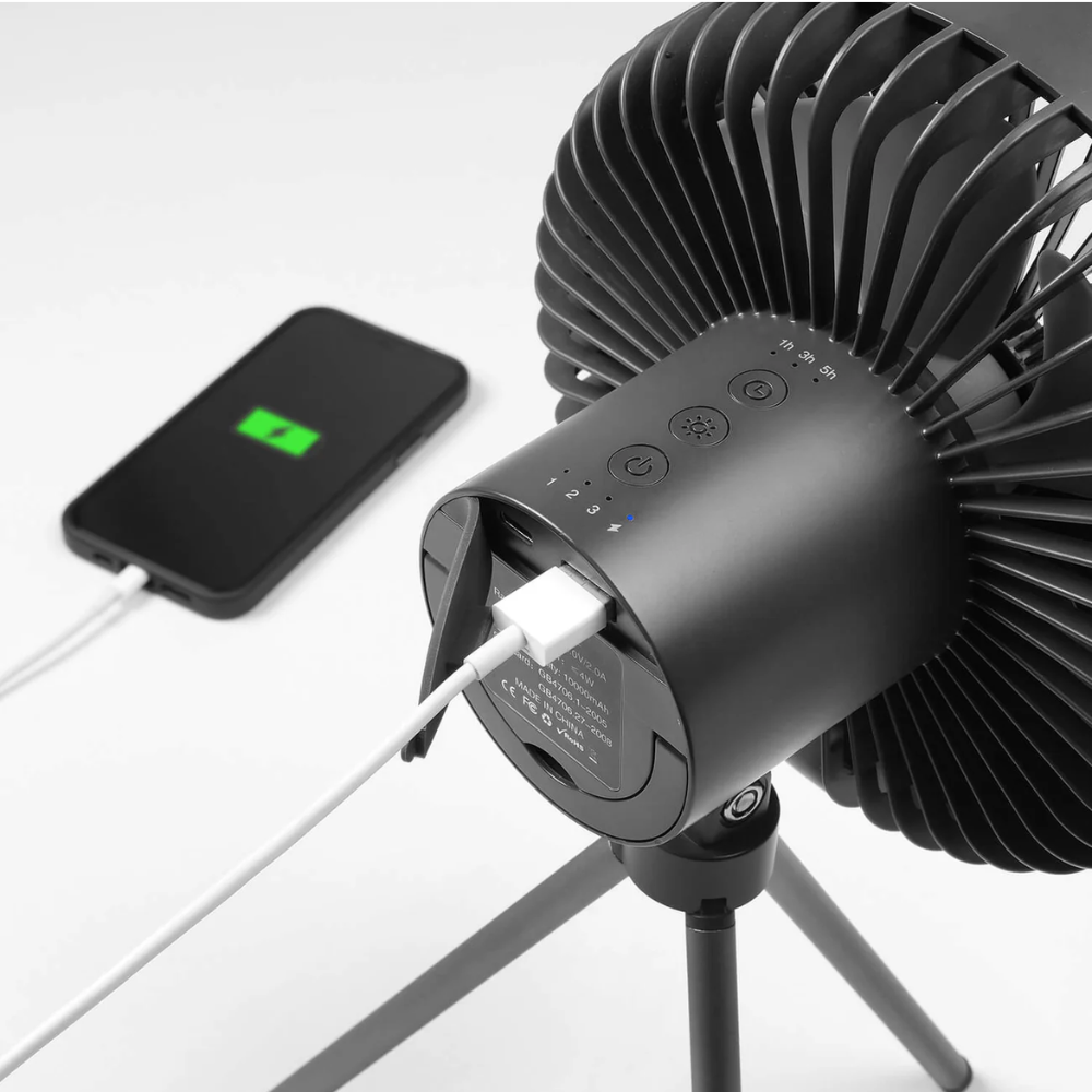 Camping Ventilator mit LED Licht USB Akku Powerbank Hängend oder mit Stativ für Zelt Outdoor