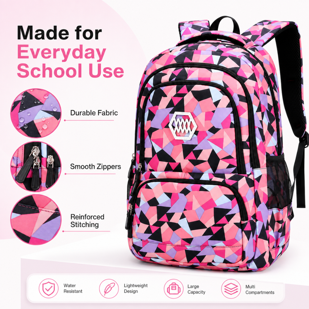 3-teiliges Schulrucksack-Set mit geometrischem Muster – Wasserabweisender Rucksack mit Laptopfach, Lunch-Tasche & Etui