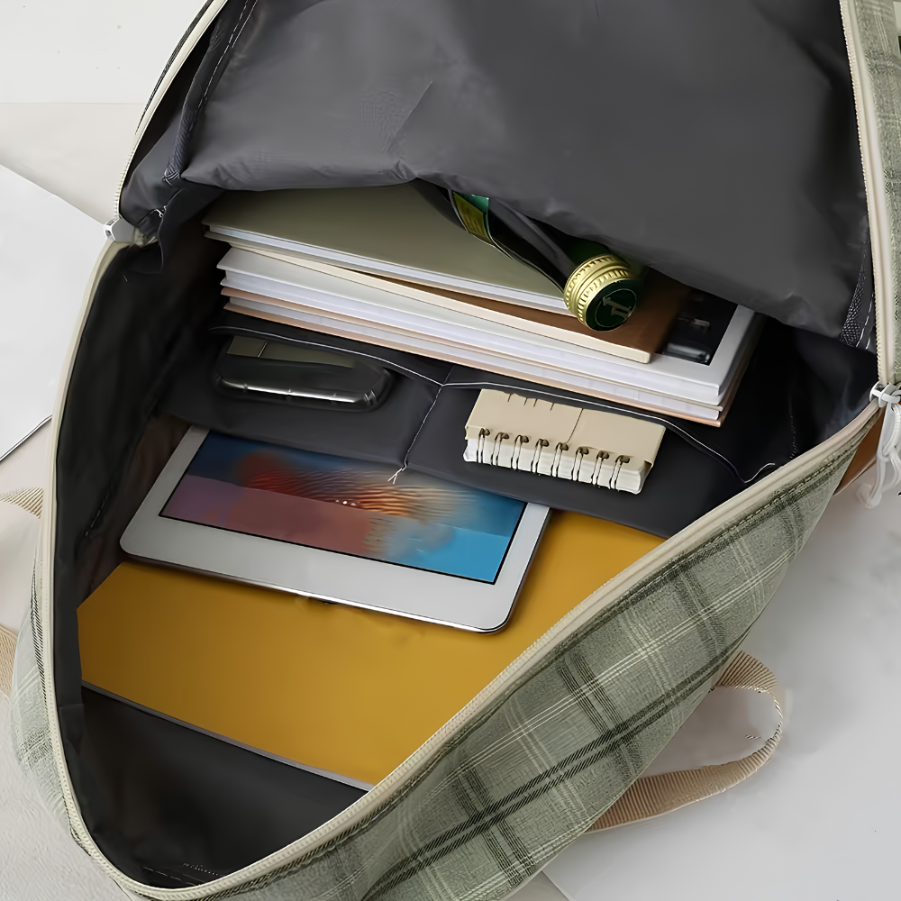 Schulrucksack-Set 5-teilig mit Karomuster – Großer Rucksack mit Tragetasche, Mäppchen, Beutel & Anhängern für Schule & Freizeit