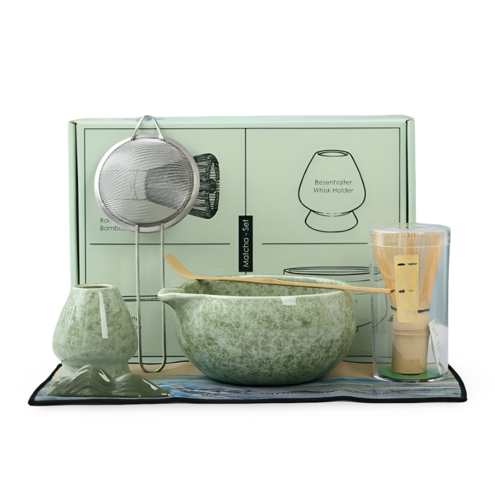 Matcha Set 7-teilig mit Schale (450ml) & Ausguss – Japanisches Teezeremonie Set aus Keramik & Bambus – Geschenkset