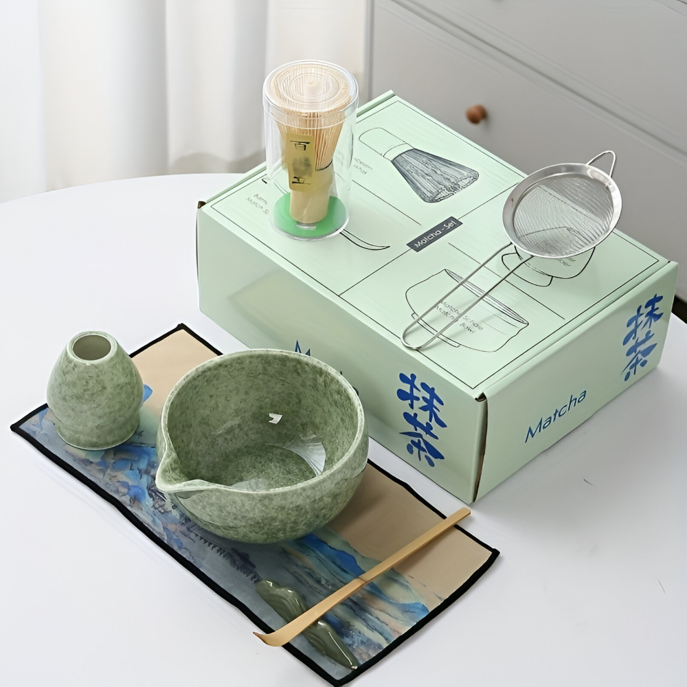 Matcha Set 7-teilig mit Schale (450ml) & Ausguss – Japanisches Teezeremonie Set aus Keramik & Bambus – Geschenkset