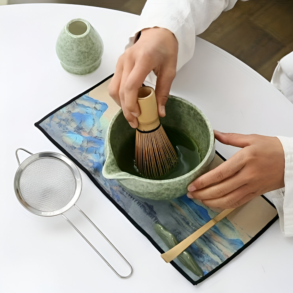 Matcha Set 7-teilig mit Schale (450ml) & Ausguss – Japanisches Teezeremonie Set aus Keramik & Bambus – Geschenkset