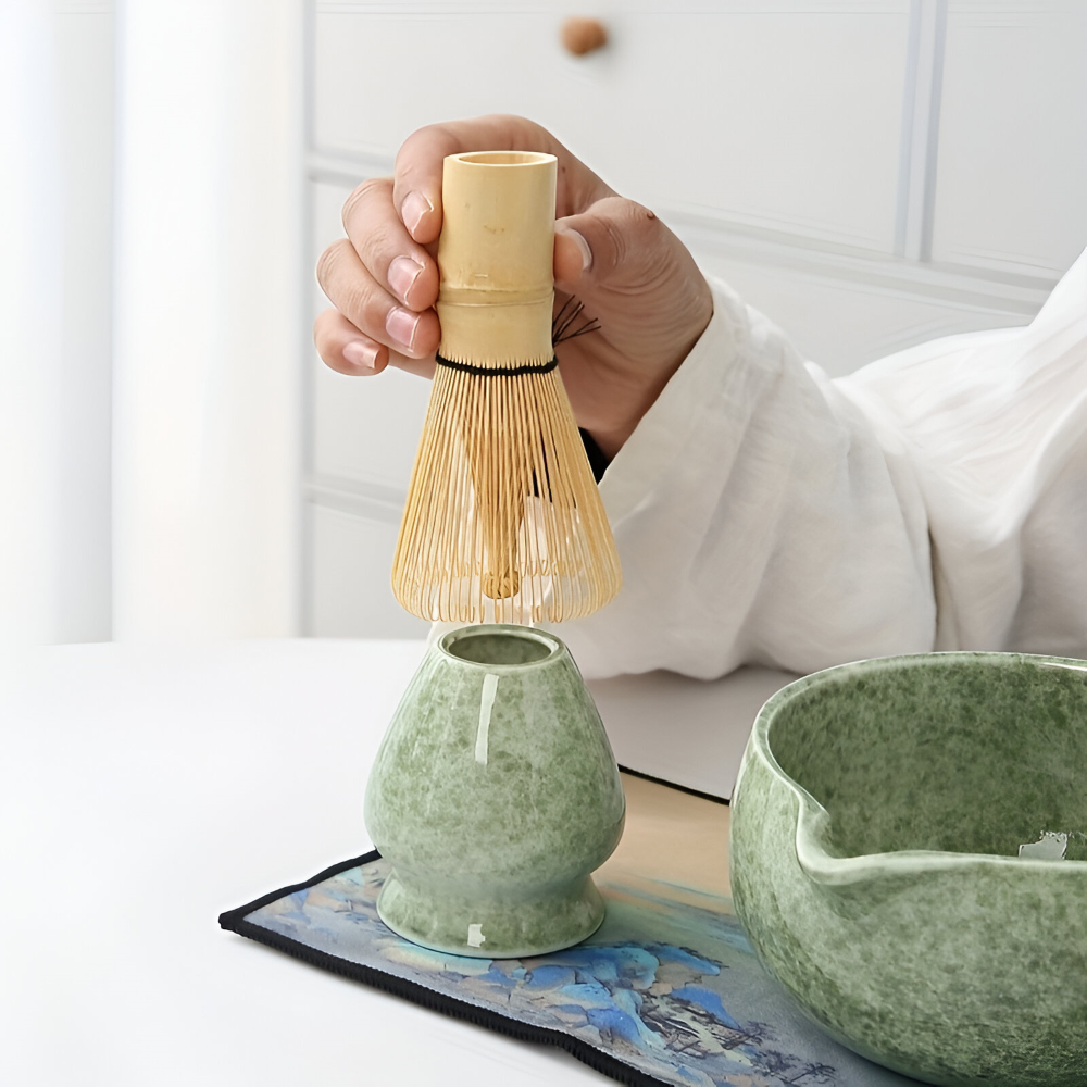 Matcha Set 7-teilig mit Schale (450ml) & Ausguss – Japanisches Teezeremonie Set aus Keramik & Bambus – Geschenkset