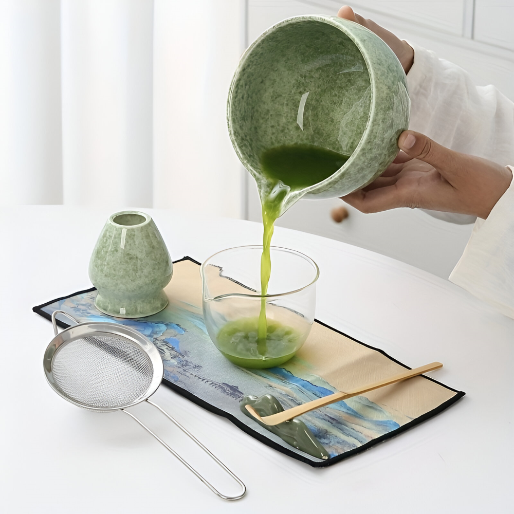 Matcha Set 7-teilig mit Schale (450ml) & Ausguss – Japanisches Teezeremonie Set aus Keramik & Bambus – Geschenkset