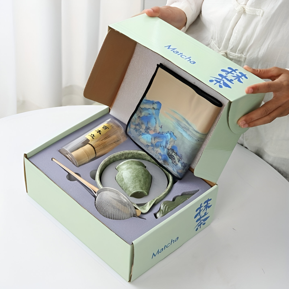 Matcha Set 7-teilig mit Schale (450ml) & Ausguss – Japanisches Teezeremonie Set aus Keramik & Bambus – Geschenkset