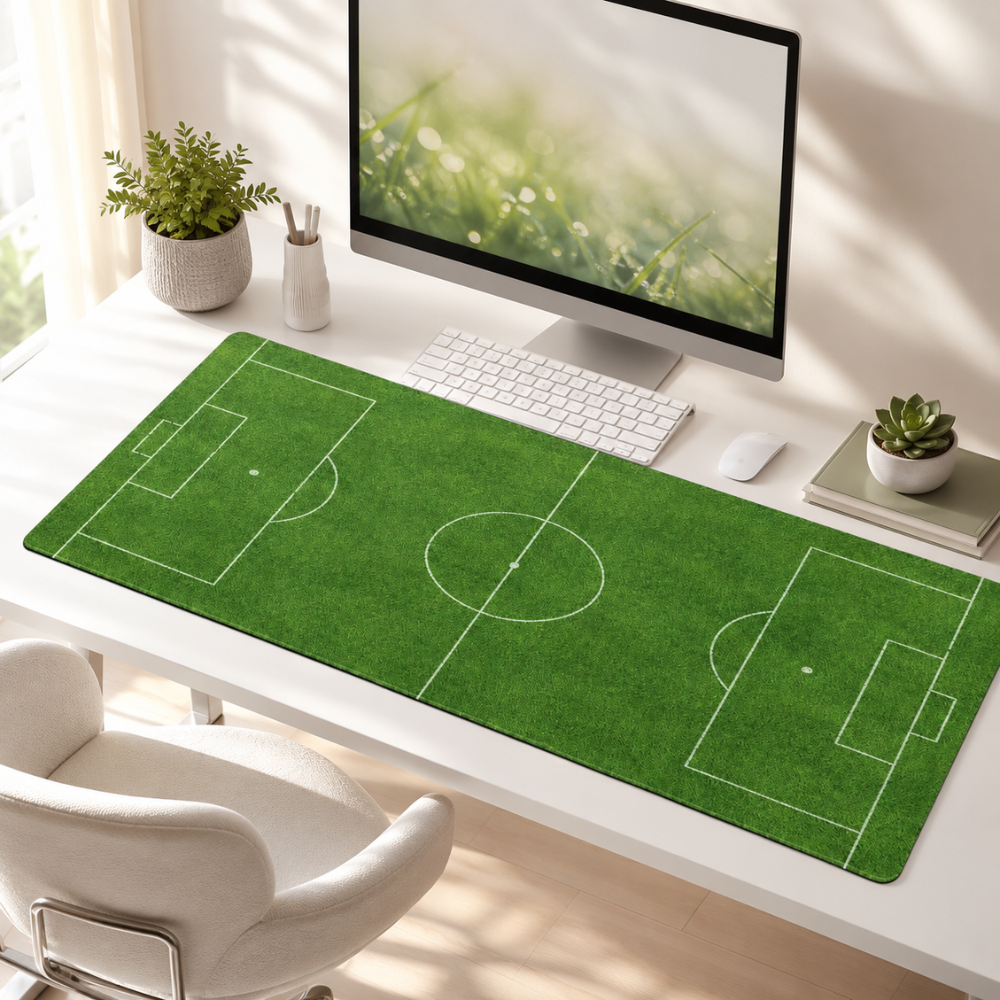 Schreibtischunterlage & Gaming-Mauspad Fußballfeld-Design – Große rutschfeste Stoffmatte für Büro, Homeoffice, Schule & Gaming