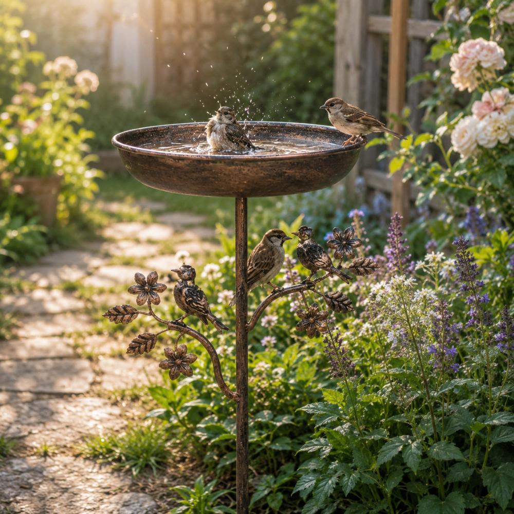 Vogeltränke Garten | Freistehendes Vogelbad aus Eisen mit Erdspieß und Vogeldekor