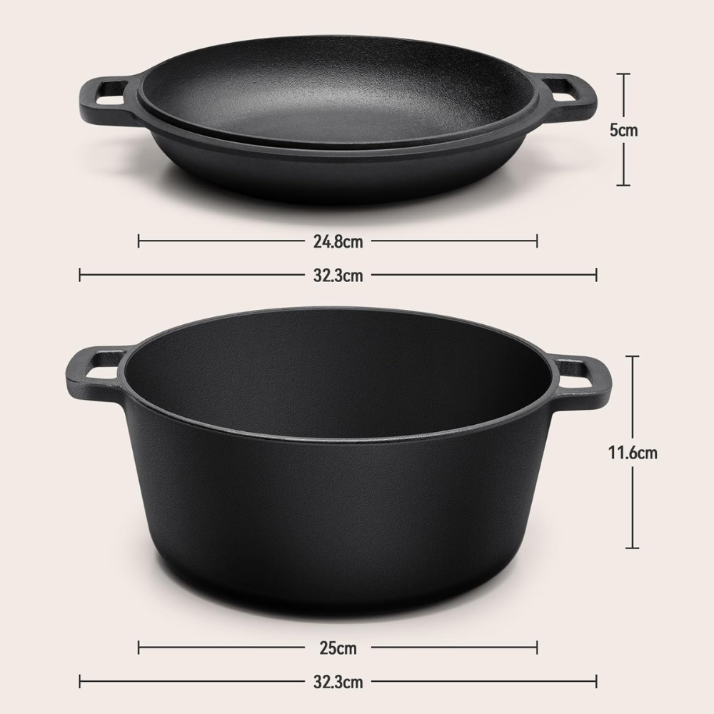 Gusseisen Dutch Oven 26/28 cm – 2-in-1 Schmortopf mit Pfannendeckel für Brot, Braten, Backen & Camping