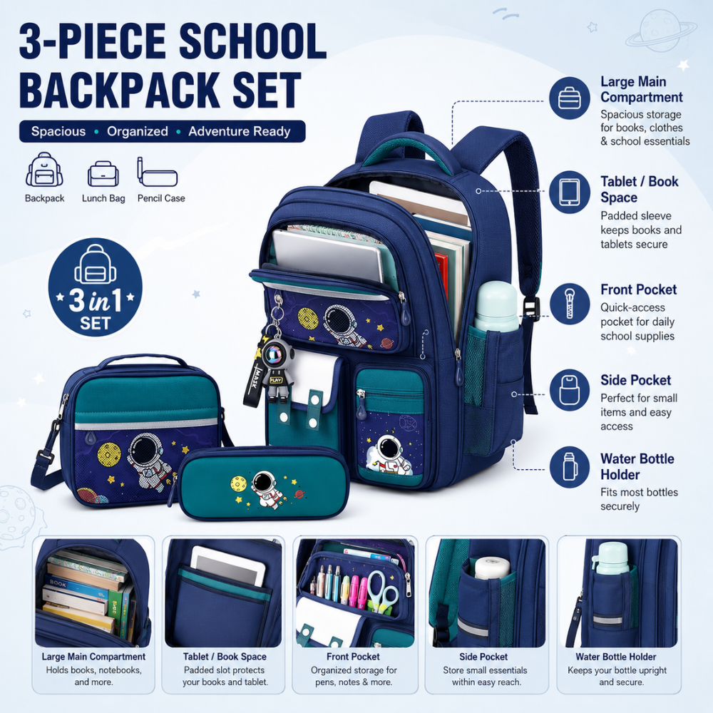Schulrucksack 3-teilig mit Astronauten-Motiv – Großer Rucksack mit Lunchbag & Federmäppchen für Schule, Reisen & Alltag