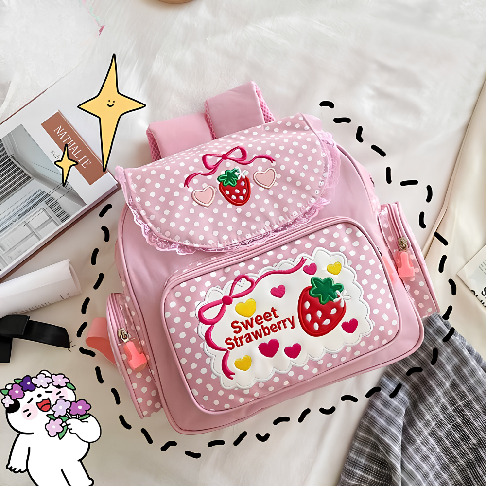 Kawaii Frucht-Tasche mit Stickerei – Kinderrucksack oder Kosmetiktasche mit Punkten für Schule, Reisen & Alltag