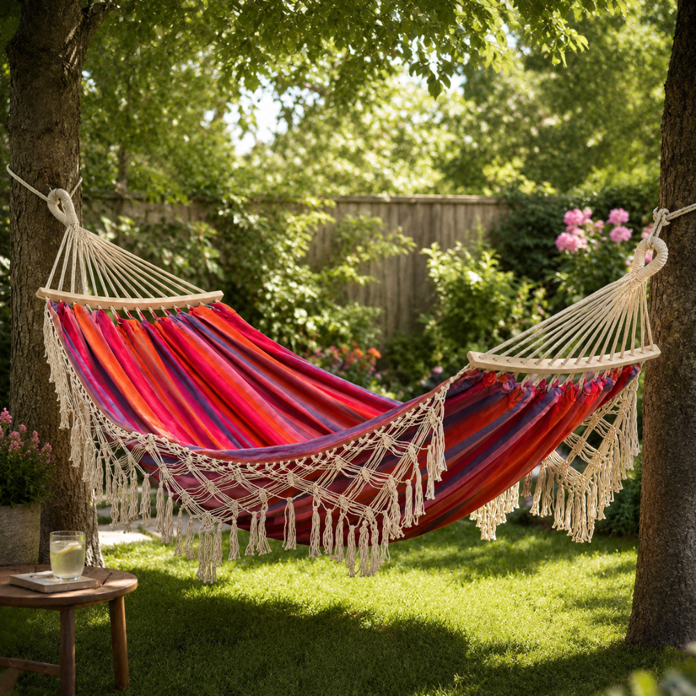 Bohemian Baumwoll Hängematte - Bunte Streifen mit Pompons für Garten und Innenräume