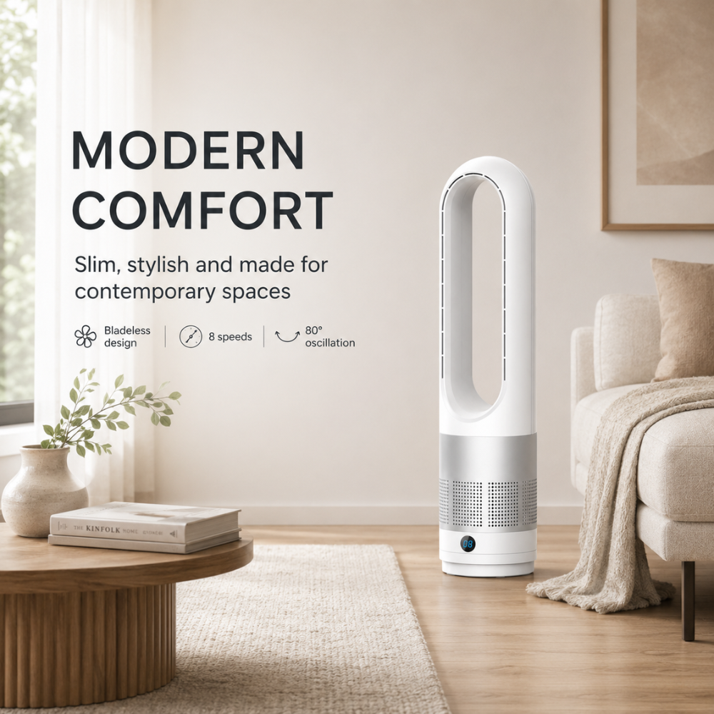 Leiser flügelloser Turmventilator mit Fernbedienung, Timer & 8 Geschwindigkeiten | 20 W Standventilator für Schlafzimmer, Büro & Wohnzimmer